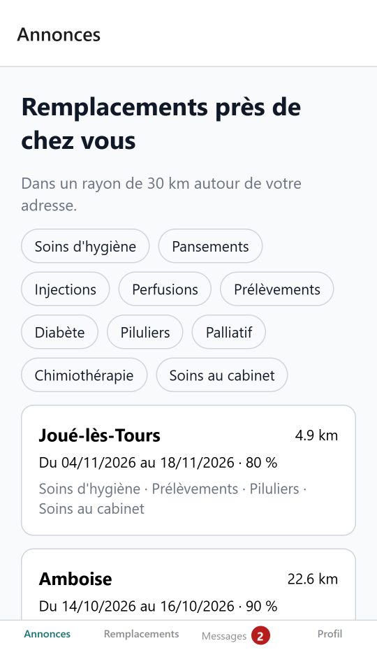 L'écran des remplacements proposés près de chez soi, avec la ville, les dates, la rétrocession et la distance.