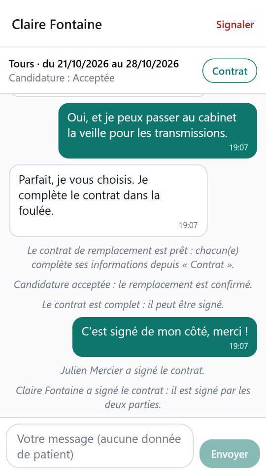 Une discussion entre une titulaire et son remplaçant, avec les étapes du contrat.