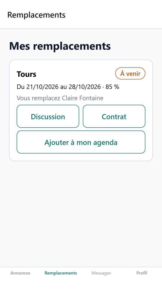 La liste de ses remplacements à venir, avec l'ajout à l'agenda.